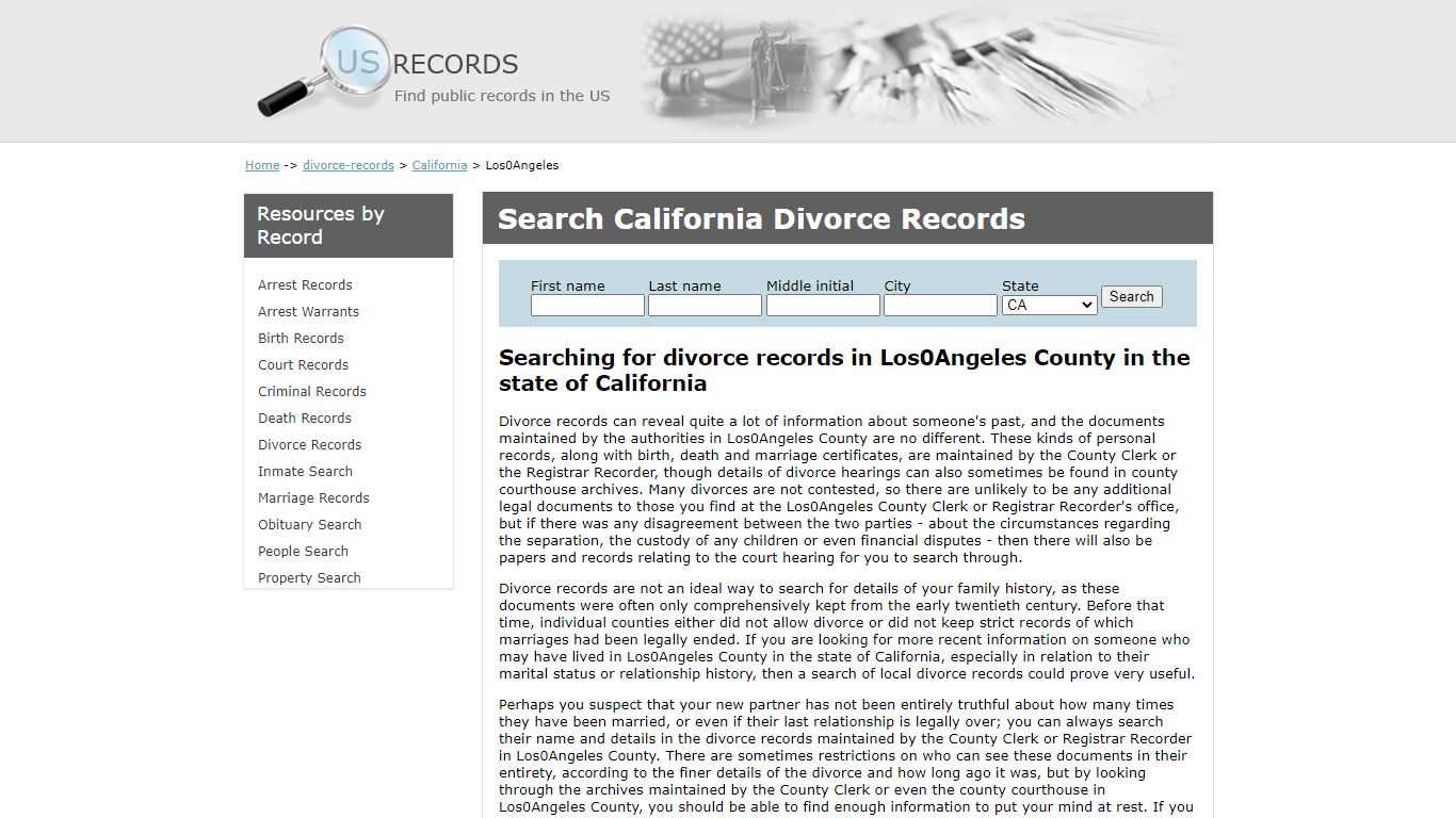 Search Divorce Records Los Angeles California | US Records